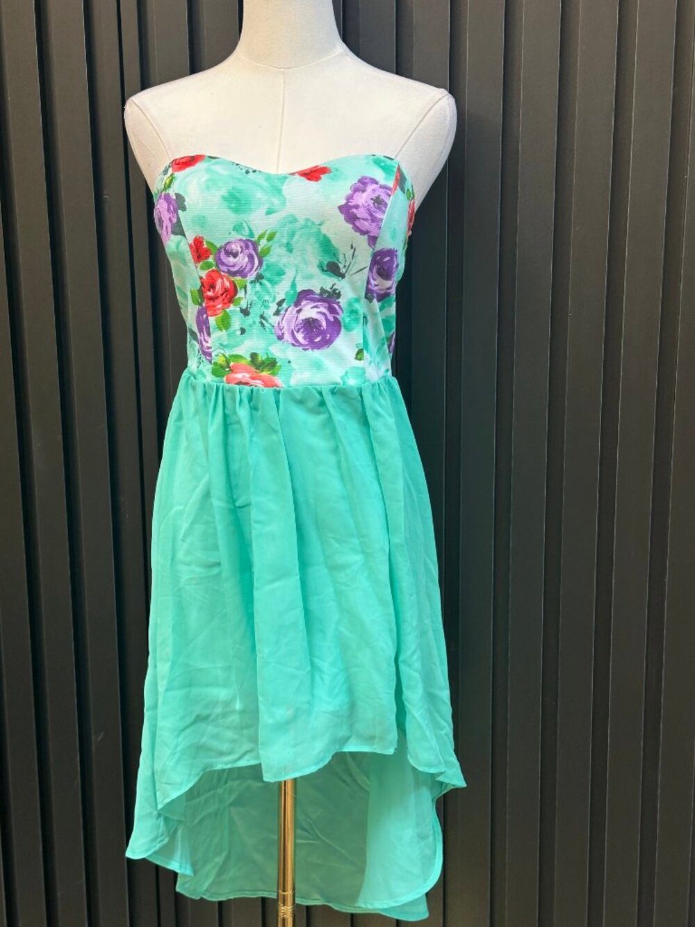 Mint Green Floral Rose Print Strapless Sweetheart High Low Dress